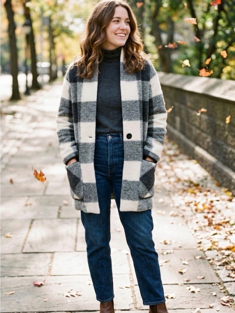 Aritzia Wilfred Free Gray & White Plaid Wool-Blend Open Coat - #73